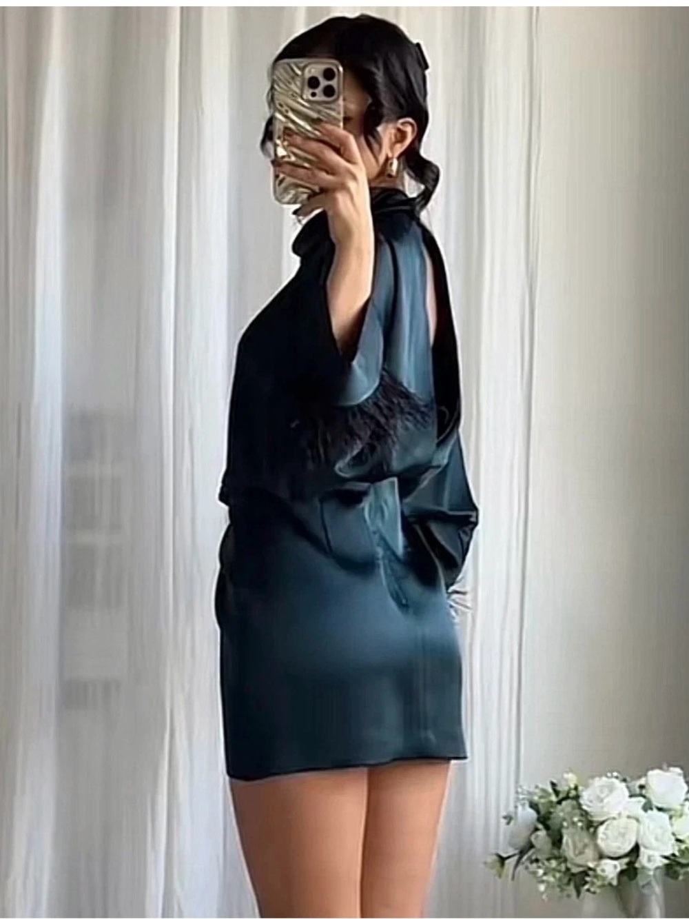 Zara Satin Mini Dress in Deep Teal with Feather Trim - Picture 6 of 12